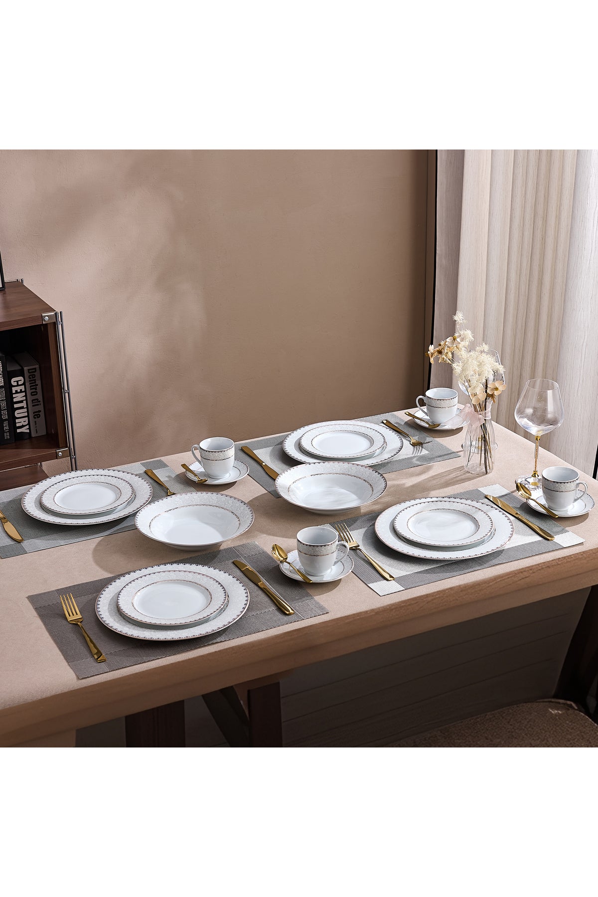 Serviciu de Masă 6 persoane Golden Lace Heritage din Porțelan, 30 piese, Design Broderie Aurie