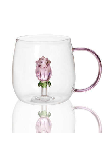Cană din Sticlă "Rosa" cu Trandafir Roz Decorativ – 350 ml