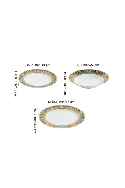Serviciu de Masă 6 persoane Emerald Royal Gold din Porțelan , 18 Piese, Design Baroc Verde cu Aur