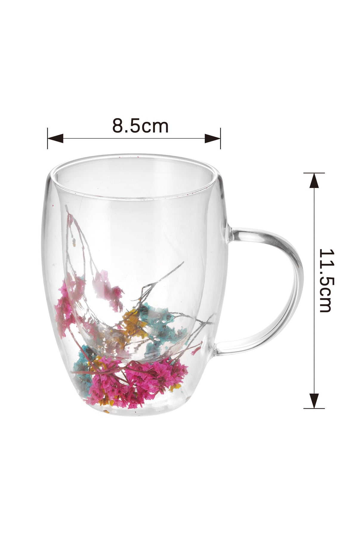 Cană din Sticlă cu Pereți Dubli "Luna" cu Flori Uscate Multicolore – 350 ml