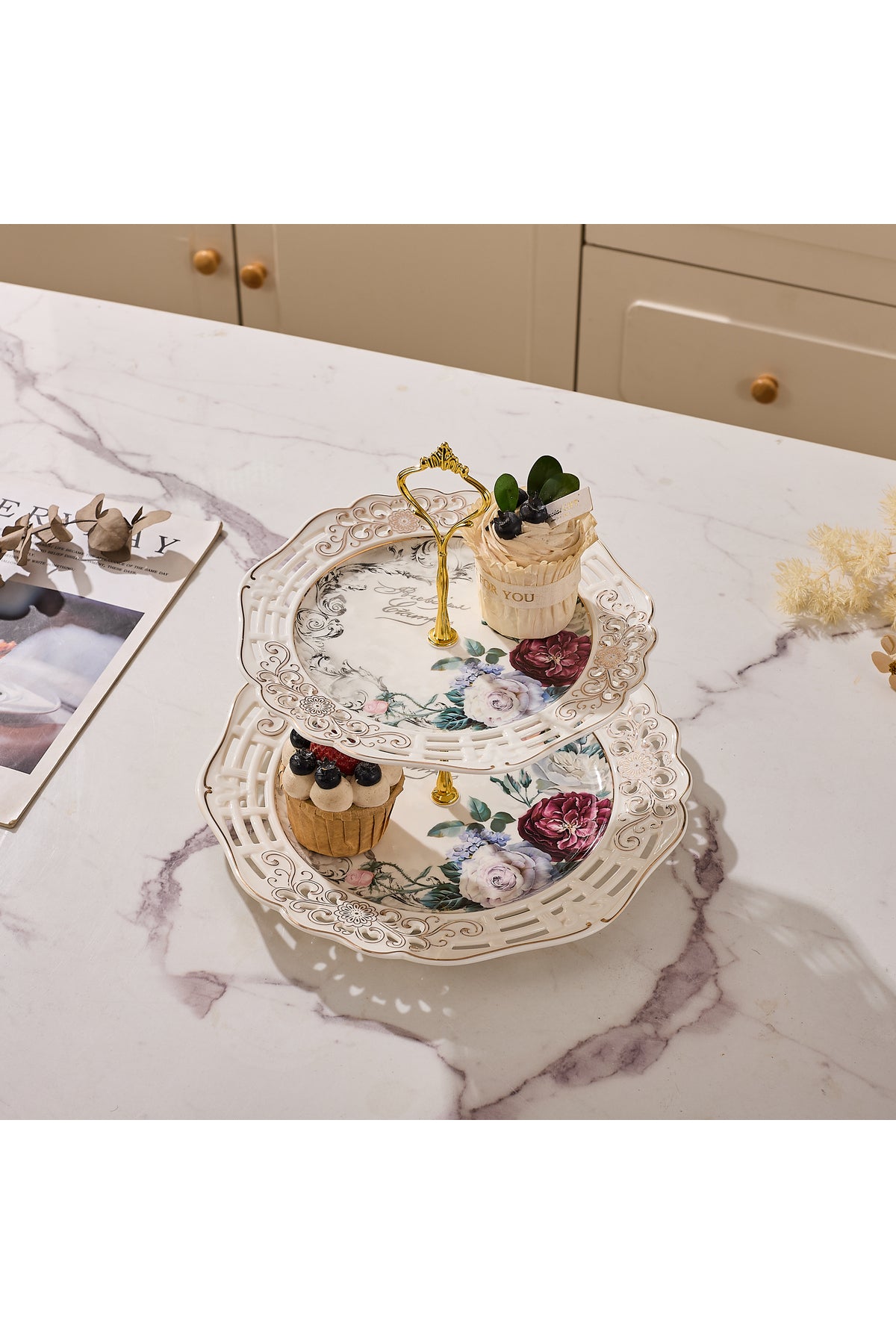 Platou etajat 2 niveluri porțelan, model floral vintage, platouri rotunde