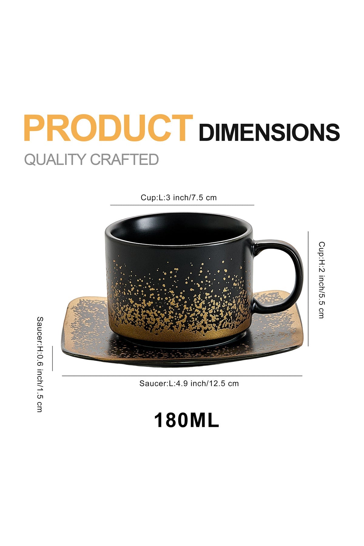Set de 6 cești cu 6 farfurioare, 180 ml - Negru - Snowing Collection