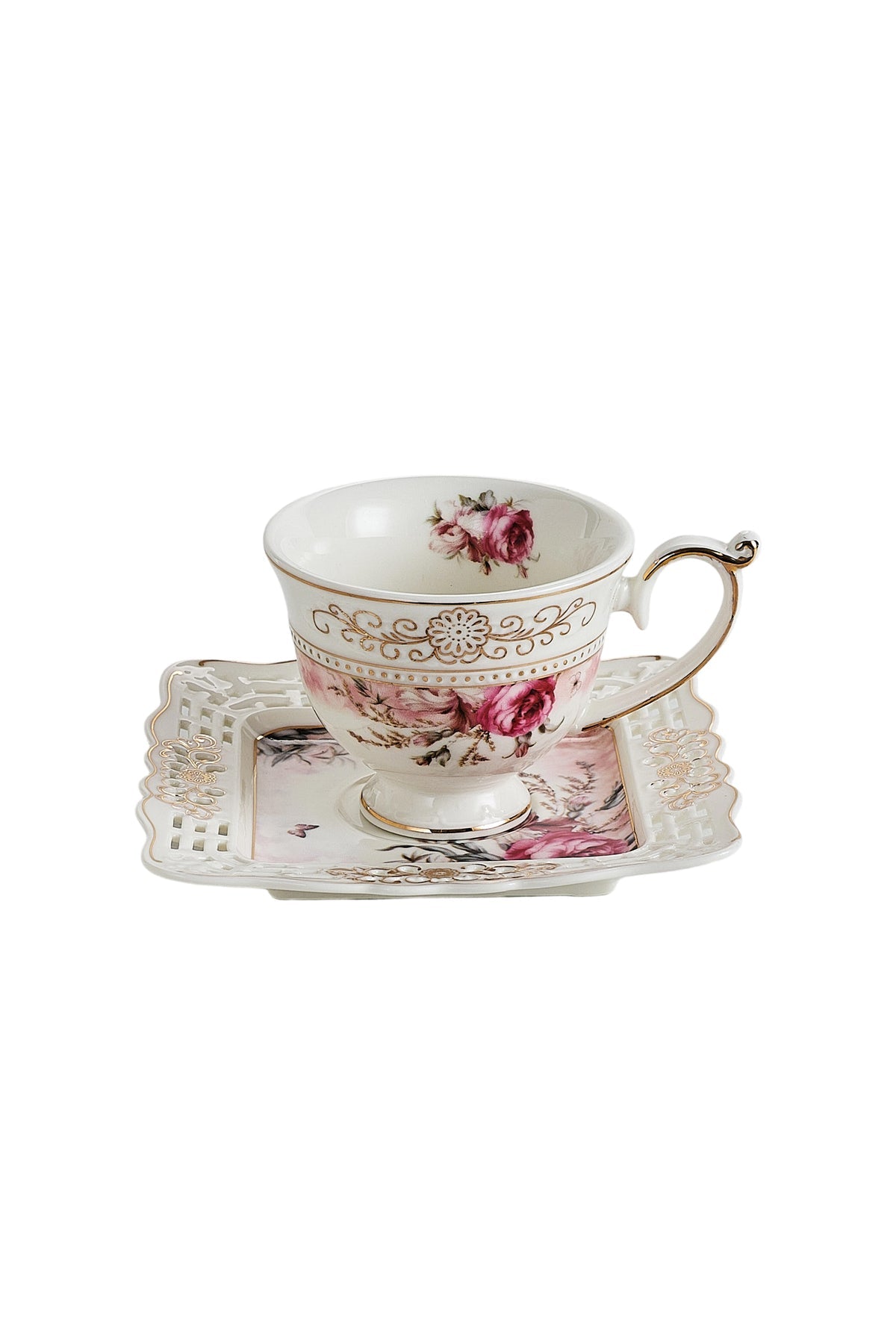 Set 6 cești espresso cu 6 farfurioare porțelan 90 ml – cești cafea model floral elegant