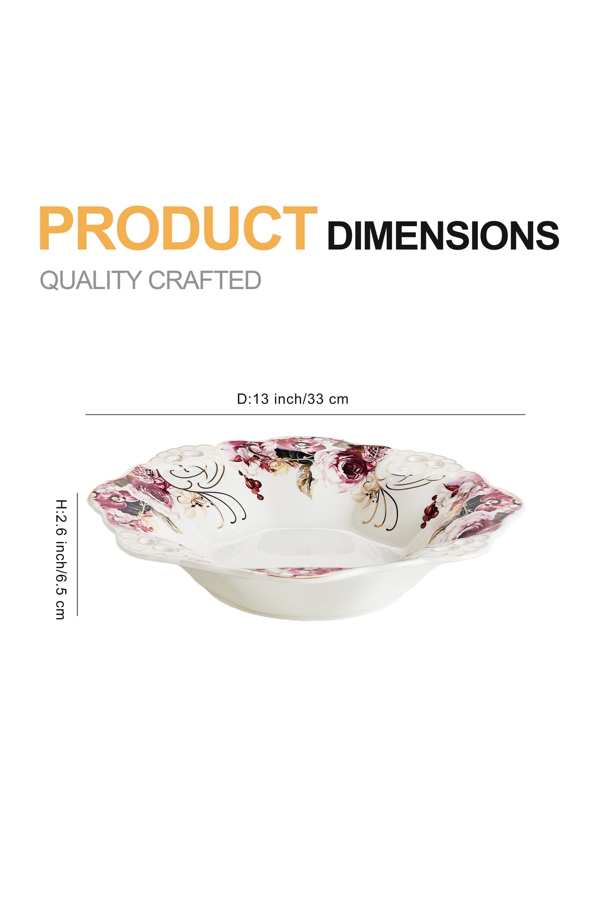 Bol fructieră porțelan model floral vintage, margini dantelate, diametru 33 cm
