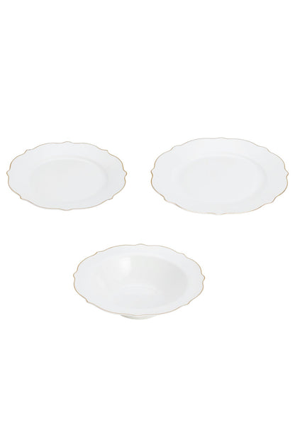 Set masă 18 piese porțelan Dubai, alb cu bordură aurie, 6 persoane