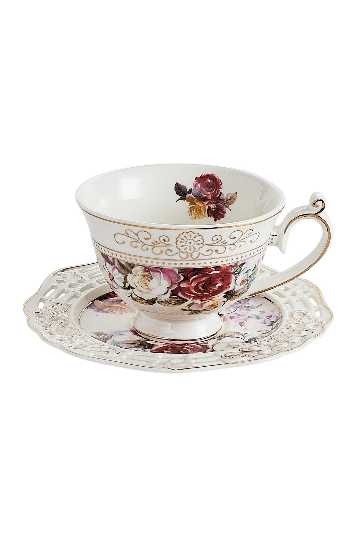 Set 6 cești espresso cu 6 farfurioare rotunde porțelan 90 ml – model floral elegant