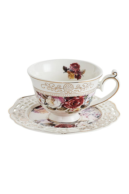 Set 6 cești espresso cu 6 farfurioare rotunde porțelan 90 ml – model floral elegant