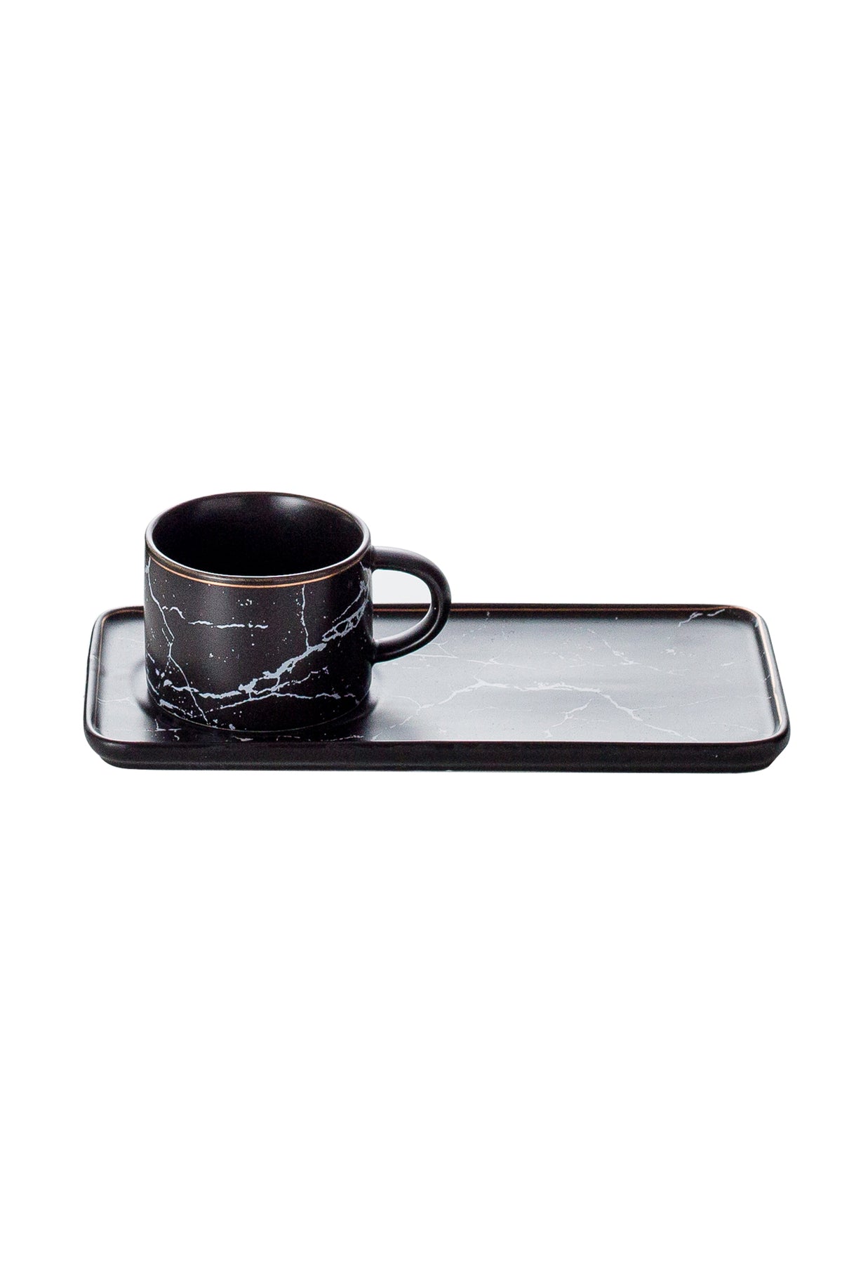 Set 6 Cești de cafea cu 6 farfurii lungi tip tavă, 200 ml, Porțelan – Negru marmorat