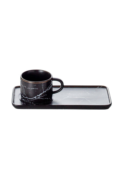 Set 6 Cești de cafea cu 6 farfurii lungi tip tavă, 200 ml, Porțelan – Negru marmorat