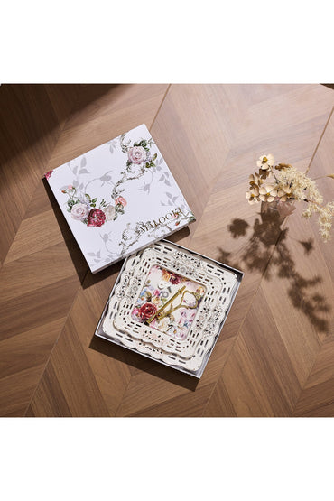 Platou etajat 2 niveluri porțelan, model floral vintage, tijă metalică aurie