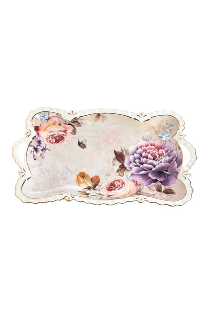 Tavă servire porțelan model floral vintage, mânere integrate, 42 x 27 cm