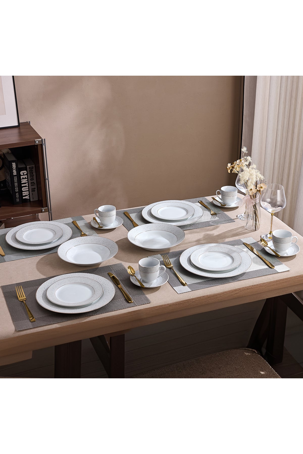 Serviciu de Masă 6 persoane Golden Stardust din Porțelan , 30 piese, Design Modern cu Bordură Aurie
