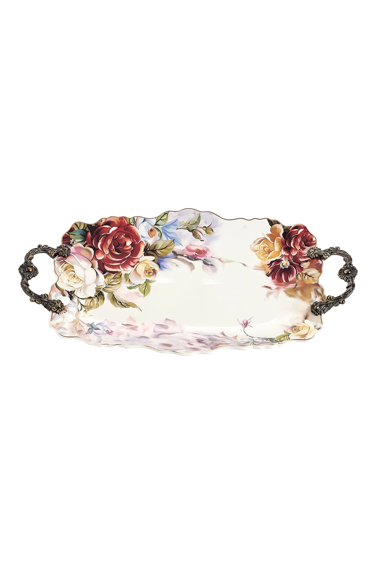 Tavă servire porțelan ovală model floral vintage, mânere metalice bronz, 44.5 cm