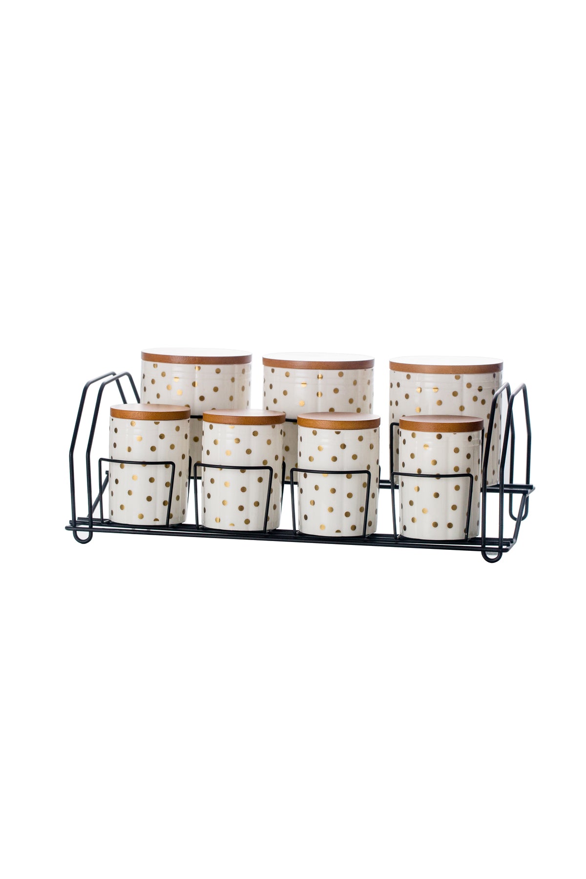 Set 7 recipiente depozitare din porțelan cu capace din lemn și suport metalic - Dotted Collection