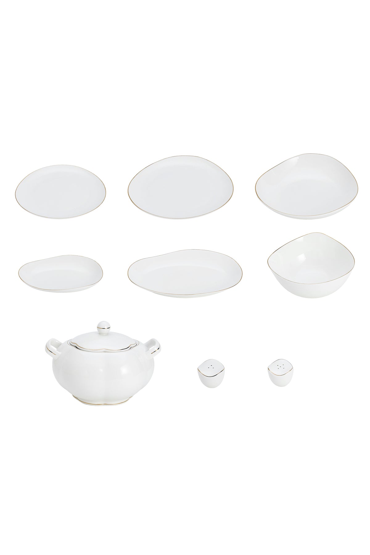 Set masă 45 piese porțelan Muzi, alb cu bordură aurie, design organic, 12 persoane