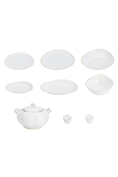 Set masă 45 piese porțelan Muzi, alb cu bordură aurie, design organic, 12 persoane