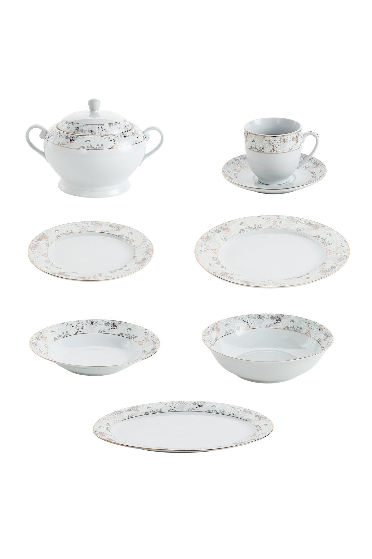 Serviciu de Masă12 Persoane Charcoal Blossom din Porțelan Premium, 64 Piese, Design Floral Dens