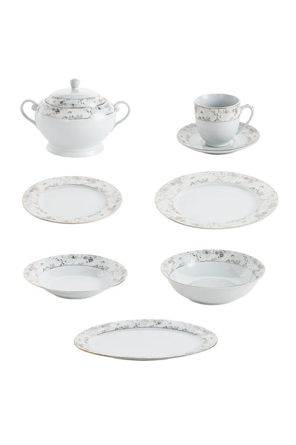Serviciu de Masă12 Persoane Charcoal Blossom din Porțelan Premium, 64 Piese, Design Floral Dens