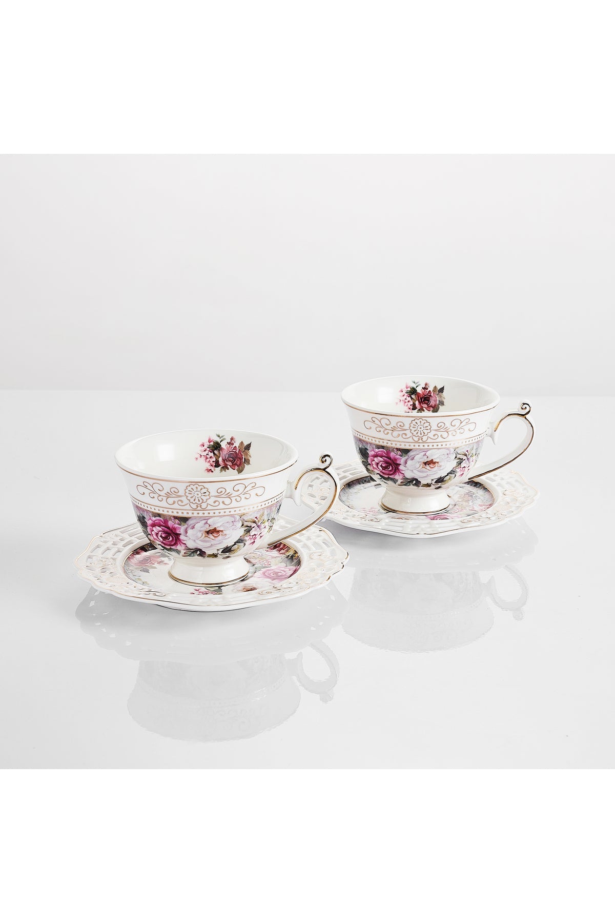 Set 2 cești cafea cu 2 farfurioare rotunde porțelan 200 ml – model floral elegant