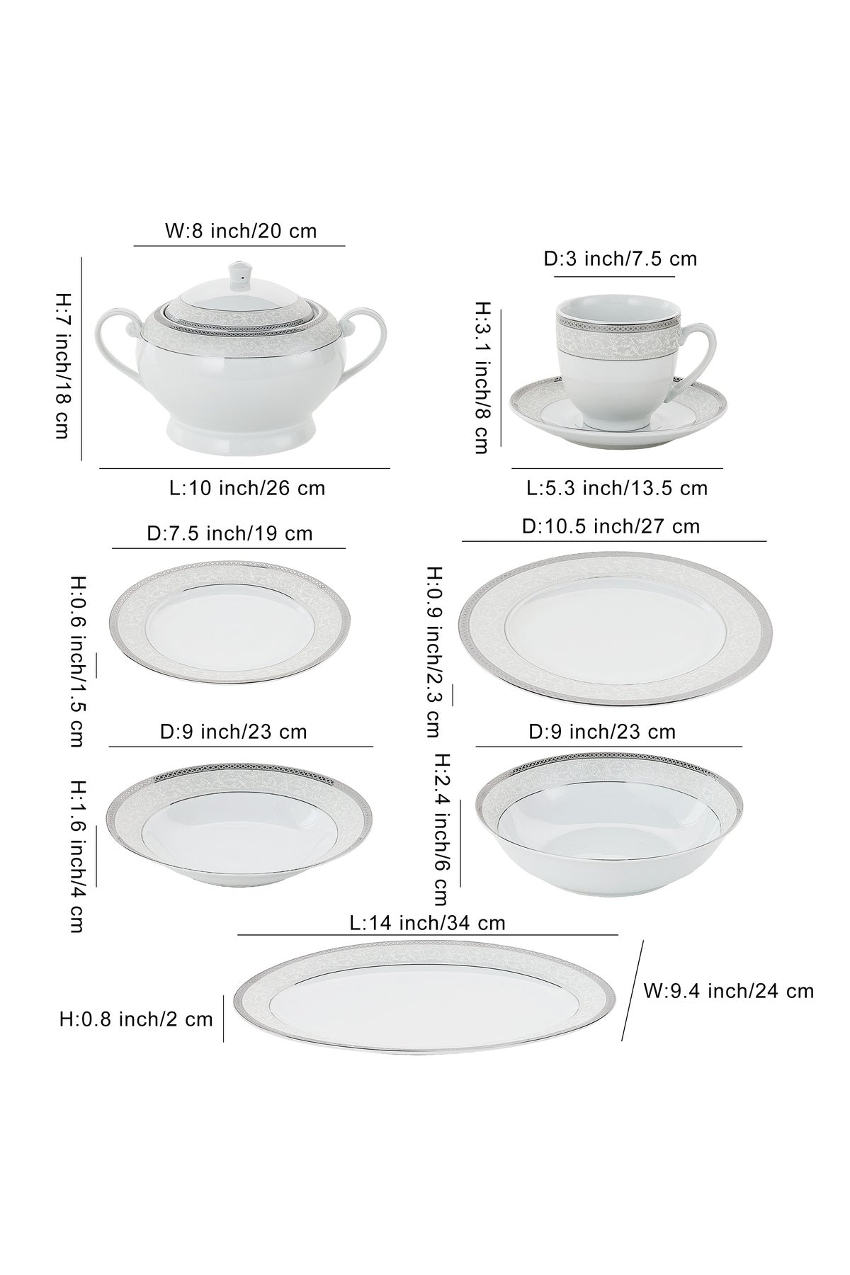 Serviciu de Masă 12 Persoane Royal Medallion din Porțelan 64 Piese Design Floral cu Bordură Arginti