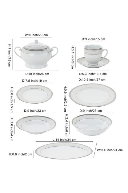 Serviciu de Masă 12 Persoane Royal Medallion din Porțelan 64 Piese Design Floral cu Bordură Arginti