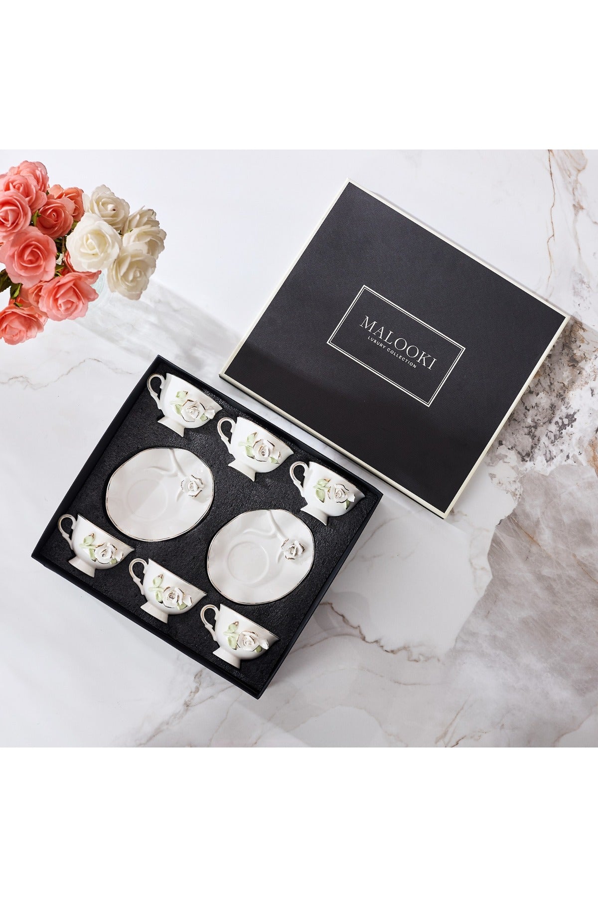 Set 6 cești de cafea din porțelan cu farfurioare, 180 ml - decor floral în relief
