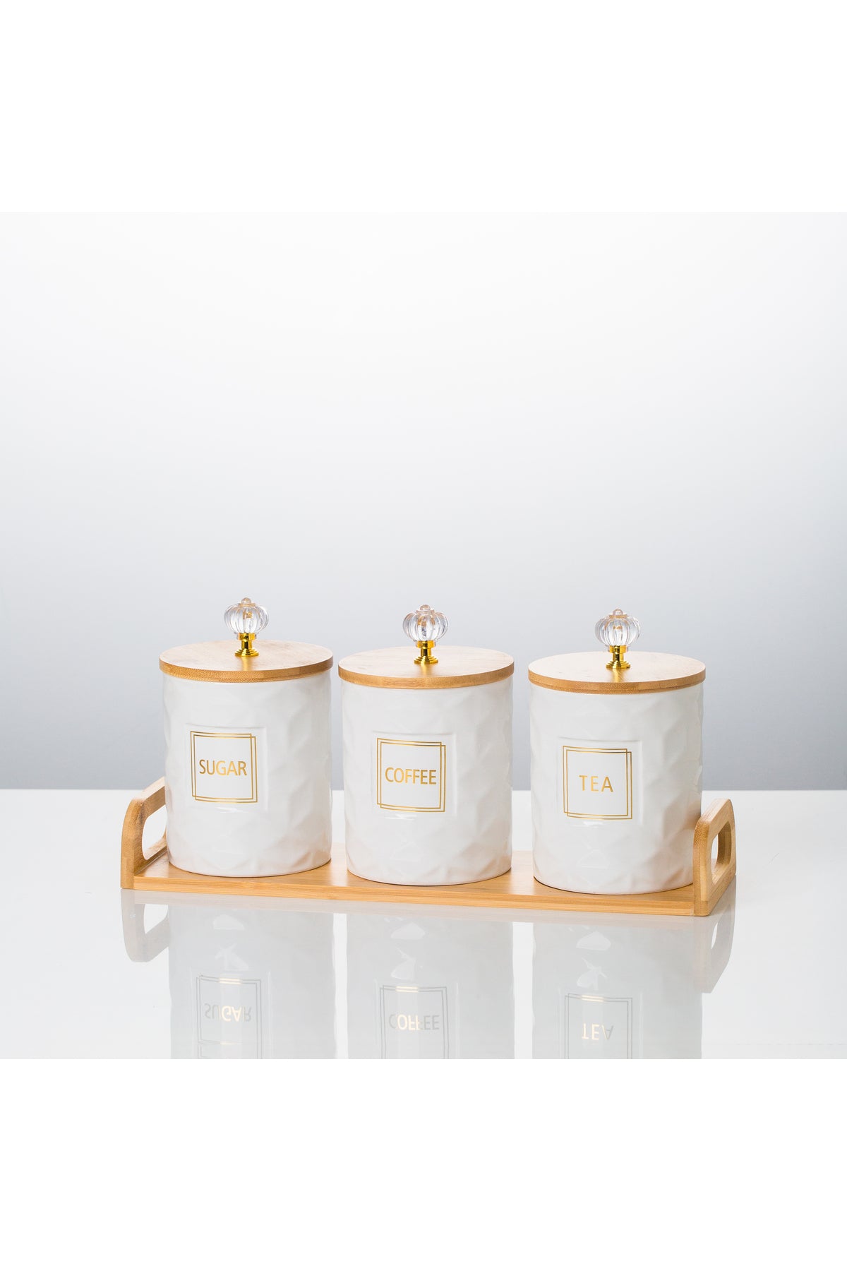 Set 3 borcane bucătărie Crystal – porțelan alb cu capac bambus, Coffee Tea Sugar, tavă inclusă