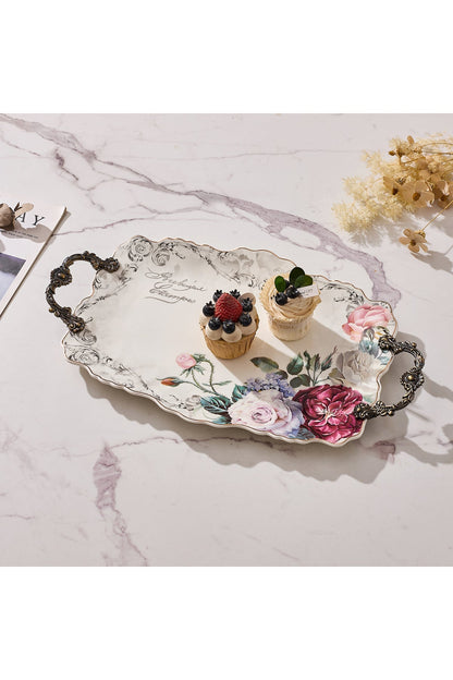 Tavă servire porțelan ovală model floral vintage, mânere metalice bronz, 44.5 cm