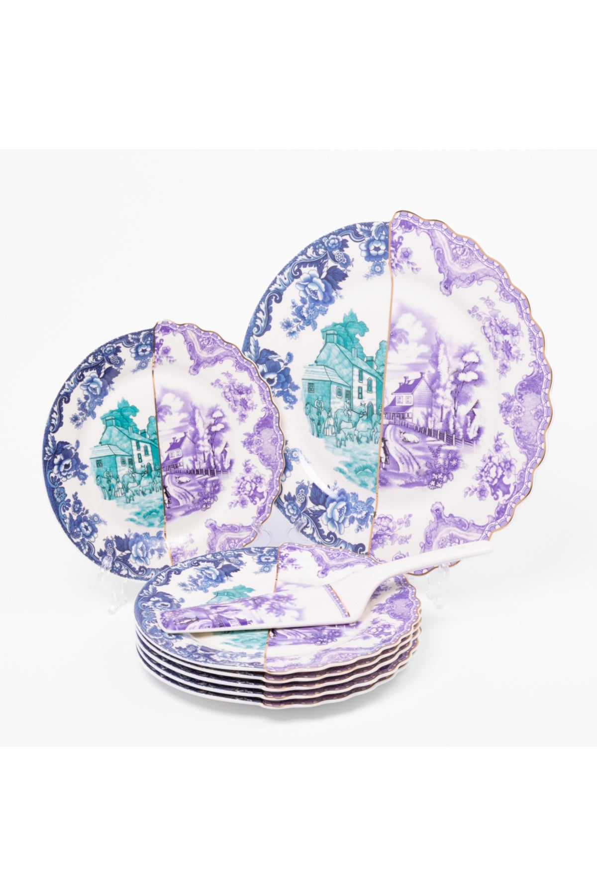 Set tort Willow – 6 farfurii desert și farfurie mare porțelan, design clasic albastru și mov