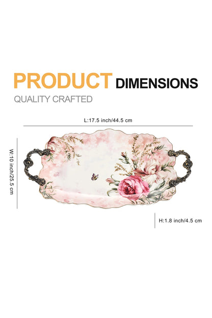 Tavă servire porțelan ovală model floral vintage, mânere metalice bronz, 44.5 cm
