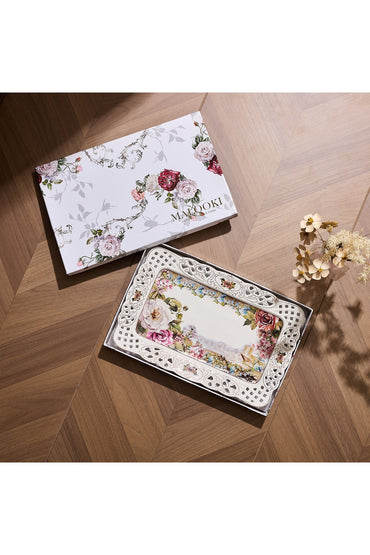 Tavă servire porțelan model floral vintage, margini dantelate decupate, 36 x 23 cm