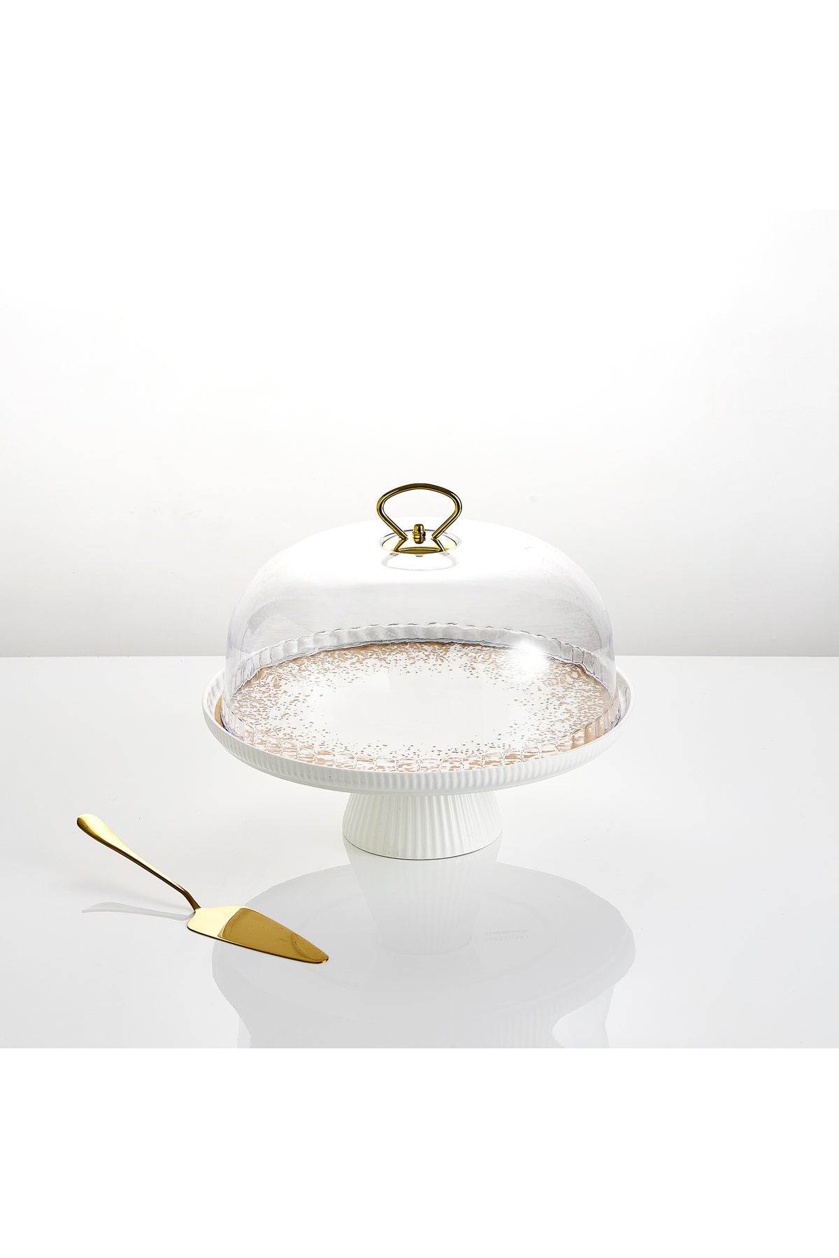 Platou tort din porțelan cu picior și capac transparent, 27.5 cm - Snowing Collection