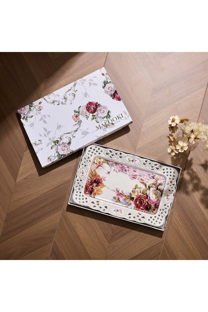 Tavă servire porțelan model floral vintage, margini dantelate decupate, 36 x 23 cm