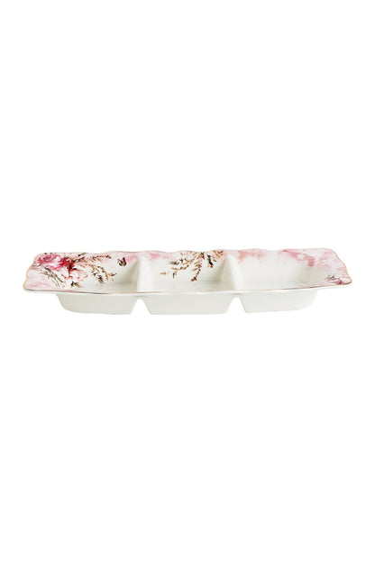 Platou compartimentat 3 secțiuni porțelan model floral vintage, 27 x 14.5 cm