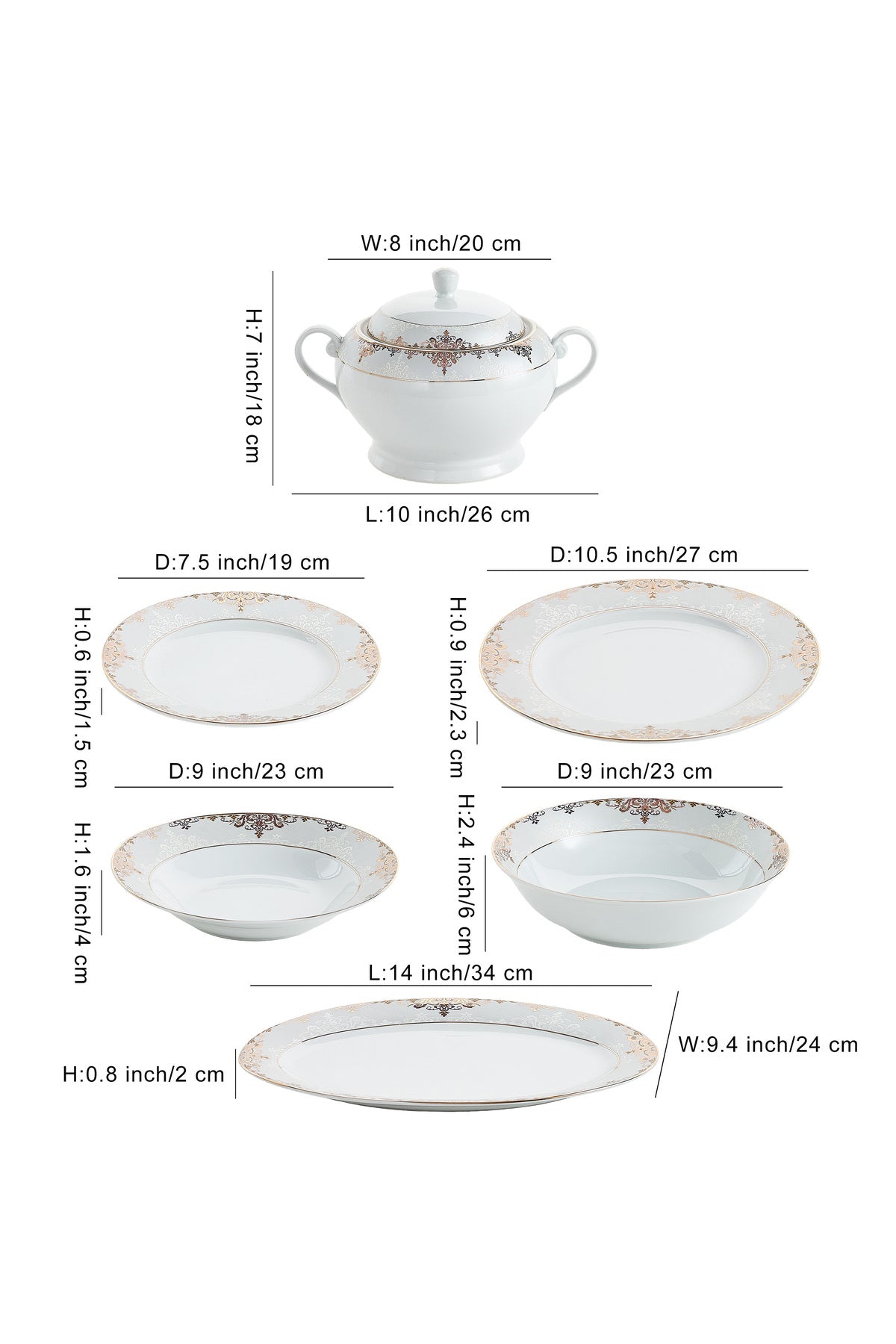 Serviciu de Masă 12 Persoane Imperial Gold Medallion din Porțelan , 40 piese, Design Baroc Regal