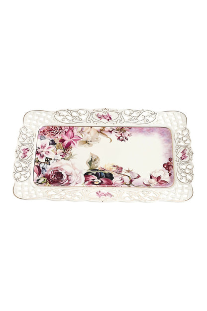 Tavă servire porțelan model floral vintage, margini dantelate decupate, 36 x 23 cm