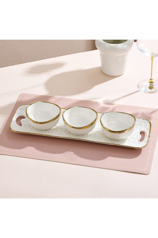 Set 3 boluri porțelan cu tavă suport, bordură aurie neregulată, 42 cm