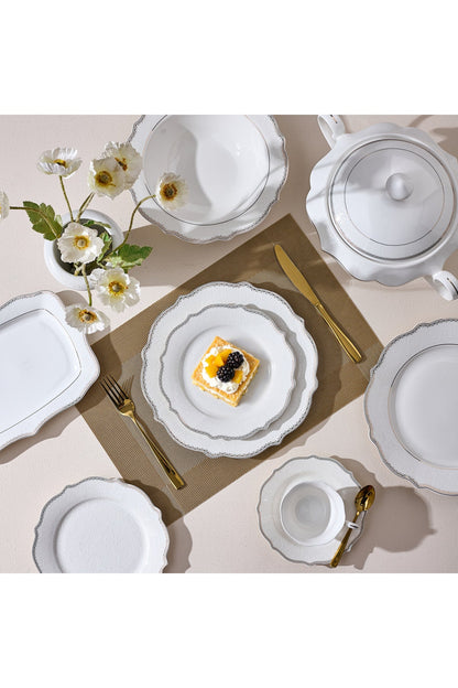 Set masă 30 piese porțelan Arabesque, alb cu bordură argintie, 6 persoane
