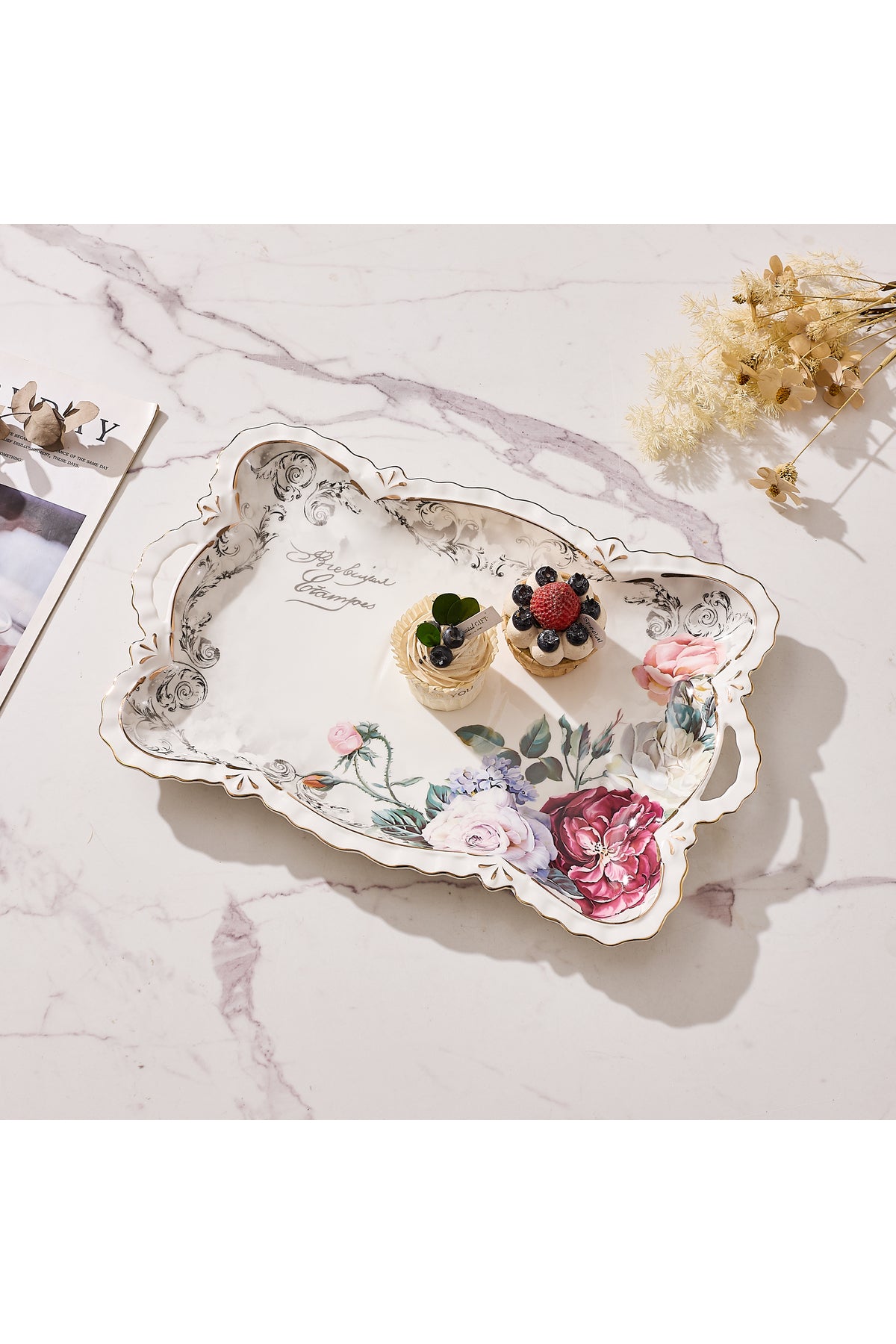 Tavă servire porțelan model floral vintage, mânere integrate, 42 x 27 cm