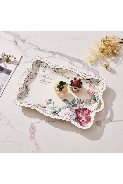 Tavă servire porțelan model floral vintage, mânere integrate, 42 x 27 cm