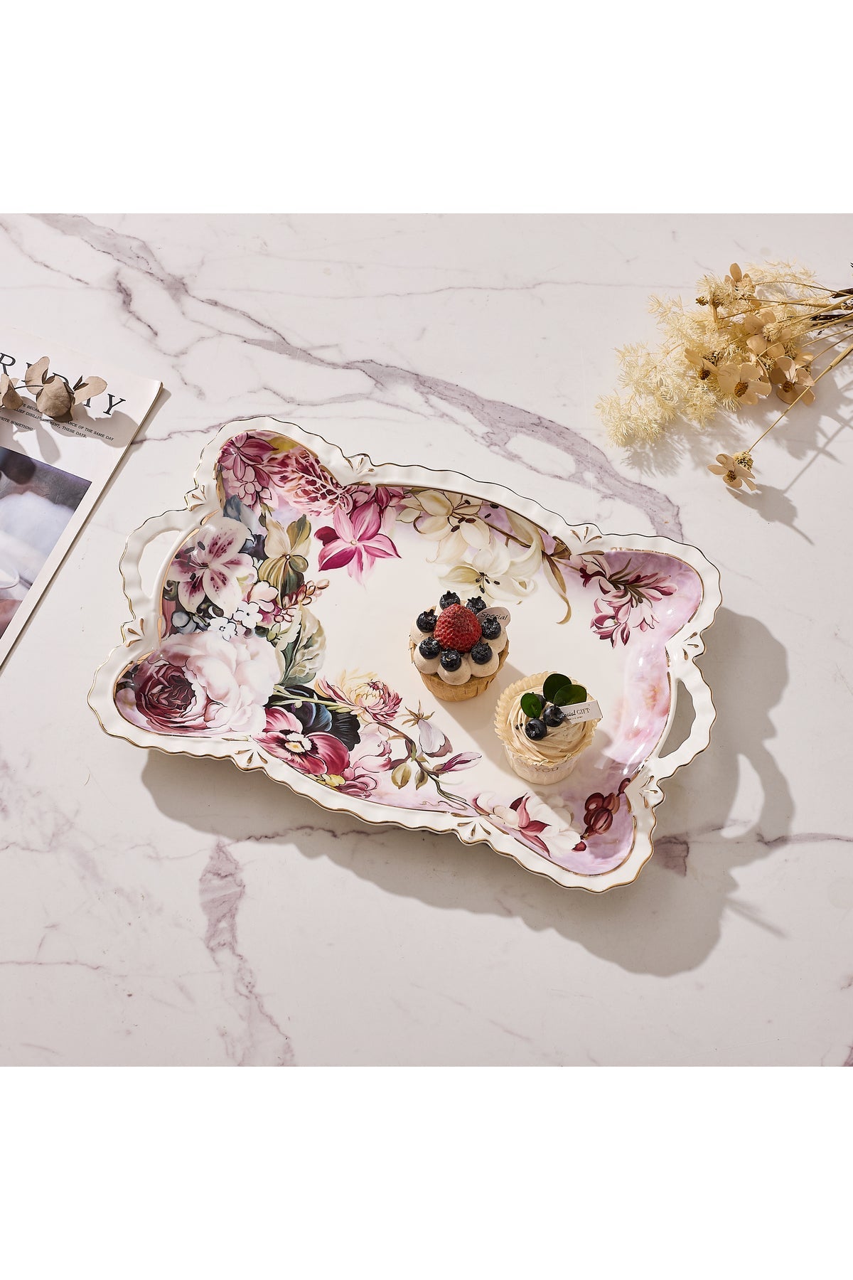 Tavă servire porțelan model floral vintage, mânere integrate, 42 x 27 cm