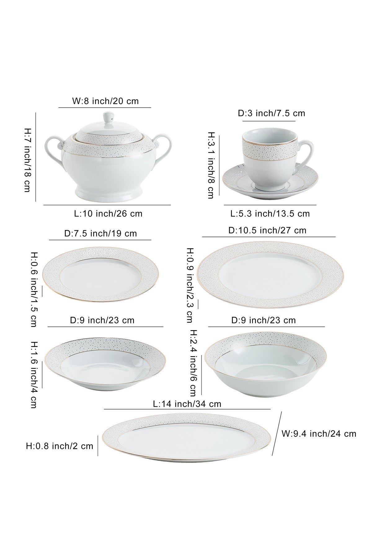 Serviciu de Masă 12 Persoane Golden Stardust din Porțelan, 64 Piese, Design Modern cu Puncte Aurii