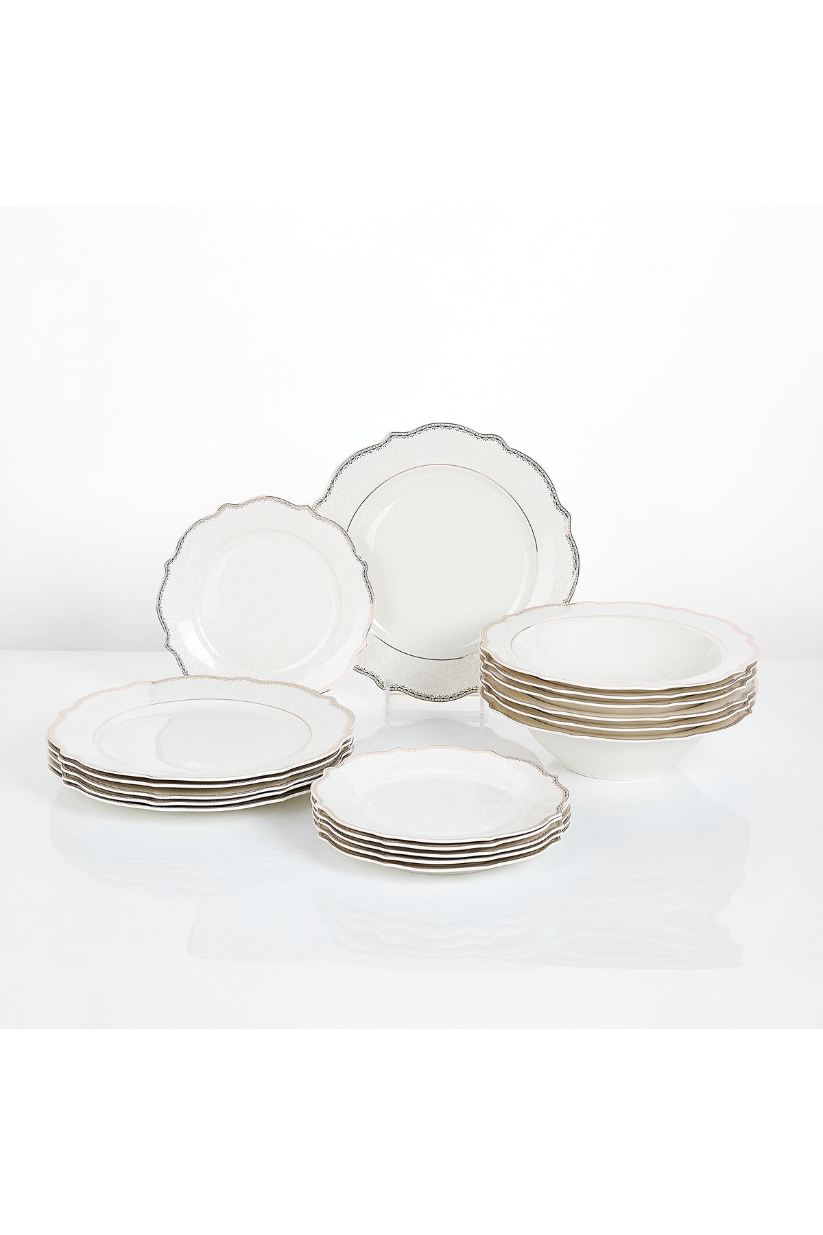 Set masă 18 piese porțelan Arabesque, alb cu bordură argintie, 6 persoane