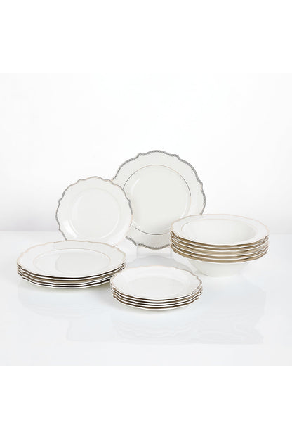 Set masă 18 piese porțelan Arabesque, alb cu bordură argintie, 6 persoane
