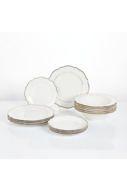 Set masă 18 piese porțelan Arabesque, alb cu bordură argintie, 6 persoane