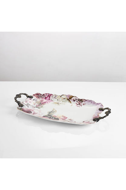Tavă servire porțelan ovală model floral vintage, mânere metalice bronz, 44.5 cm