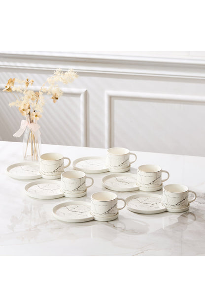 Set 6 cești de cafea din porțelan cu farfurioare duble pentru gustări, 180 ml - Alb