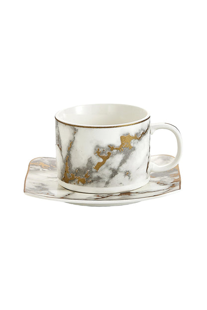 Set 6 cești cafea cu farfurioare pătrate – Model marmură alb cu auriu