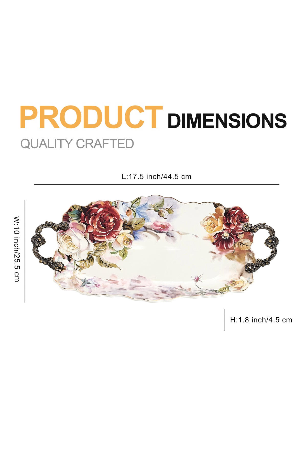 Tavă servire porțelan ovală model floral vintage, mânere metalice bronz, 44.5 cm