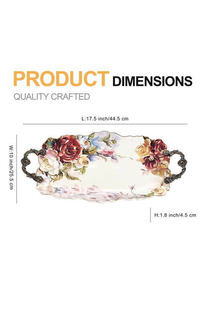 Tavă servire porțelan ovală model floral vintage, mânere metalice bronz, 44.5 cm
